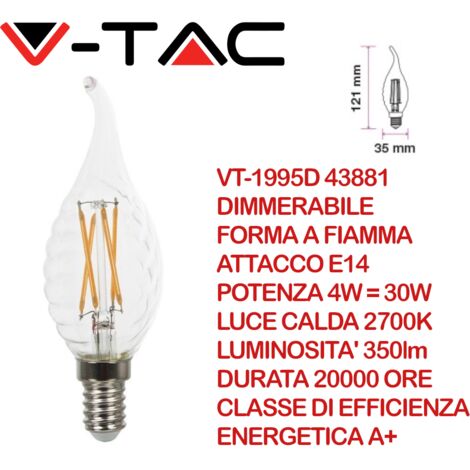V-Tac VT-1995D Lampadina LED candela tortiglione soffio filamento 4W E14 bianco caldo 2700K dimmable - sku 43881