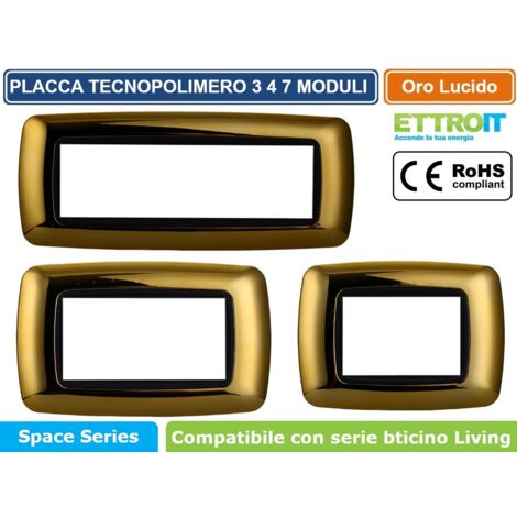 Placca bombata serie Space, 7 moduli, plastica, oro lucido, compatibile con serie BTicino Living - Ettroit LN88712