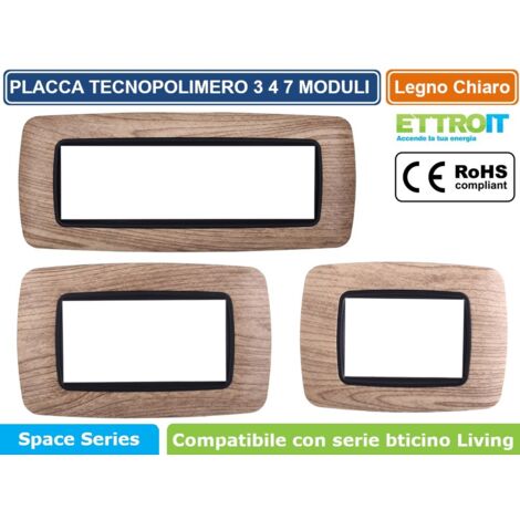 Placca bombata serie Space, 7 moduli, plastica, legno chiaro, compatibile con serie BTicino Living - Ettroit LN88704