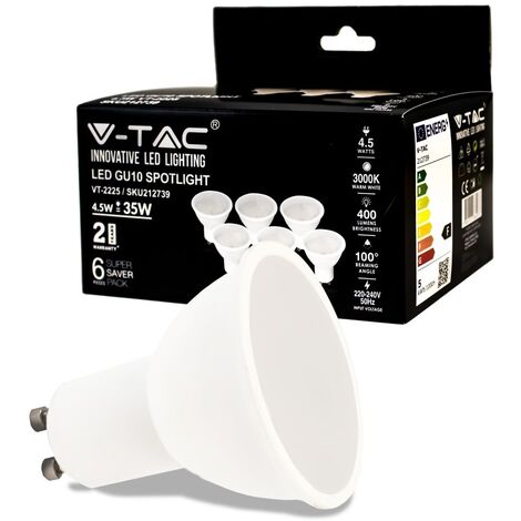 V-TAC VT-2225 Lampadina led faretto 4.5W SMD GU10 bianco freddo 6500K copertura satinata box 6 pezzi - SKU 212741