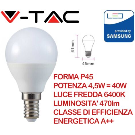 V-TAC VT-225 Lampadina Chip LED samsung 4,5W E14 P45 bianco freddo 6400K - SKU 266