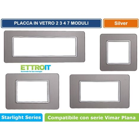 Placca compatibile Vimar Plana 3 moduli vetro colore argento Ettroit EV84306