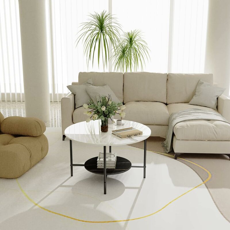 Mesa de centro redonda de mármol, moderna para sala de estar, mesa de sofá  con textura de mármol, mesa central redonda con marco de base de metal y