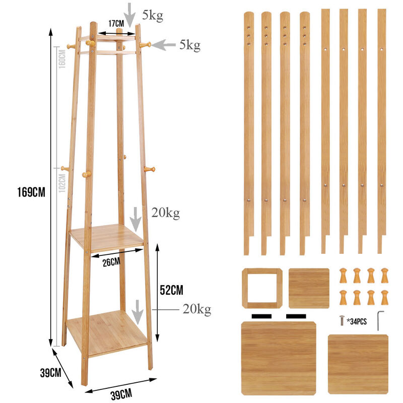 UNHO Perchero Colgador de Pie de Bambu para Bolsas Sombreros Ropa Zapatos  Canastas para Dormitorio Entrada Pasillo, 168 x 40 x 40cm