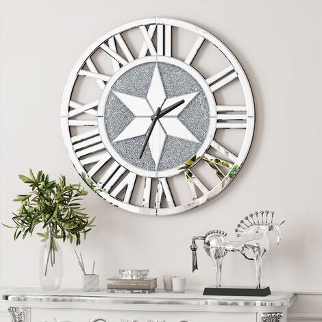 Reloj Decorativo de Pared Grande de Vidrio Biselado de 60 cm, Esfera de Diamantes Triturados Brillantes