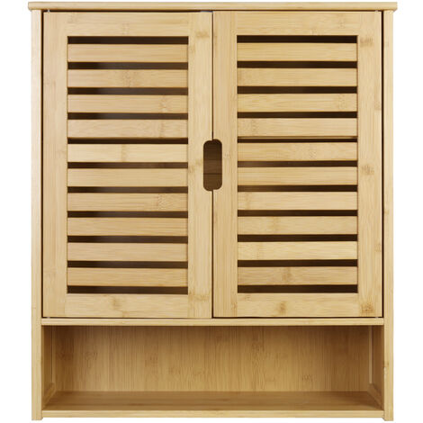 Armario de pared de baño de bambú, almacenamiento, 2 puertas, armario, 3 estantes (1/5)
