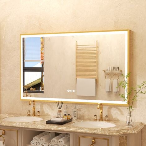 LUVODI Espejo Baño con Luz Led Rectangular Antivaho Regulable Inteligente  Moderno con Marco Dorado, 1000x600mm