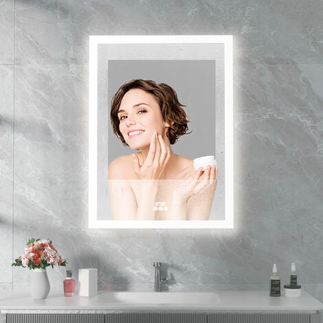 Armario con Espejo para Baño con Luz LED Antivaho con Estantes Ajustables,  60x80cm