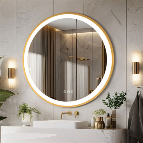 Espejo de Baño LED Redondo con Interruptor Táctil, Espejo de Pared Iluminado con Marco de Aluminio Dorado, 3 Colores de Luz y Brillo Ajustable, Antivaho, Función de memoria - 80 cm