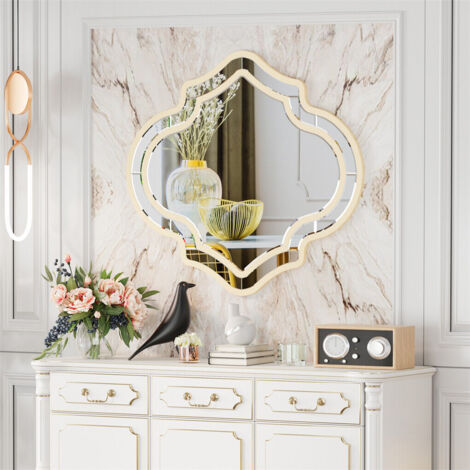 Espejos de Pared Irregular Decorativos: Espejo Biselado de Marco Dorado de Decoración Elegante para Entrada Recibidor Pasillo Salón Comedor 80x88 cm