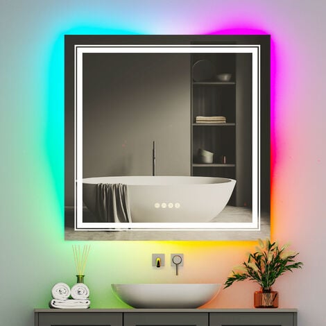 LUVODI Espejo Baño de Pared con Luz LED RGB Antivaho Rectangular, 800x800mm