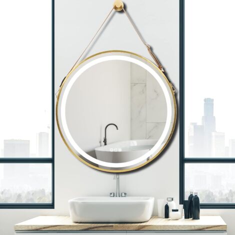 LUVODI Espejo Baño Luz Led Redondo de Pared Antivaho Decorativo para Lavavo Tocador, 80x80cm Dorado