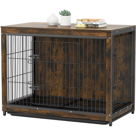 BingoPaw Jaula para Perros de Madera Vintage con 2 Puertas de Celosía y Bandeja Extraíble, 97x59x75cm