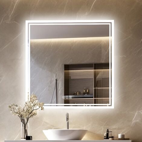 LUVODI Espejo Baño con Luz Cuadrado Antivaho Pared Bathroom Mirror  Inteligente Moderno, 80x80cm