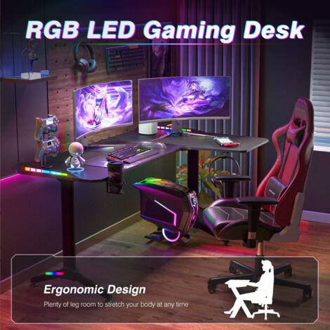 Mesa Gaming LED, 160cm Mesa Gamer Grande Escritorio Gaming PC Ergonómico de  Fibra de Carbono con