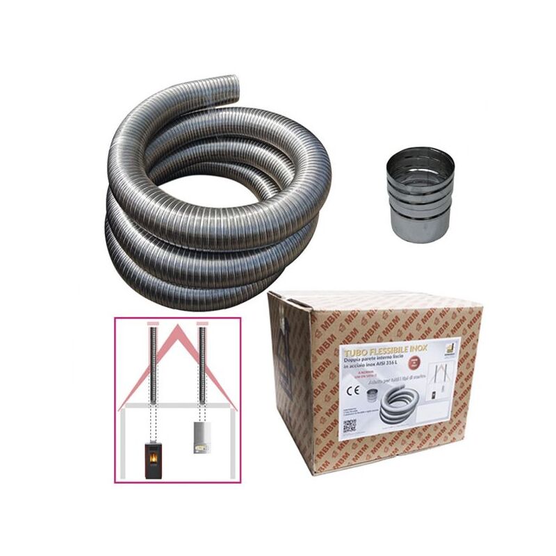 Kit tubo acciaio inox 316 flessibile 3 mt diametro 80 mm interno liscio a norma CE EN 1856 2 canna fumaria