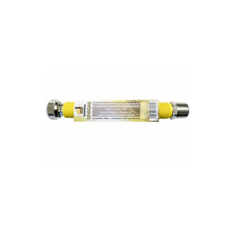 Tubo flessibile gas estensibile INOX 1/2'' 100 / 200 mm giallo UNI 11353