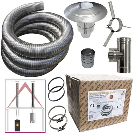Kit tubo acciaio inox 316 flessibile 10 mt diametro 80 mm interno liscio a norma CE EN 1856 2 canna fumaria