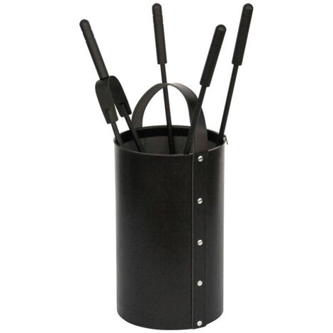 Porta attrezzi camino tondo ecopelle nera 4 accessori h.62 d. 21 cm.  Made in Italy