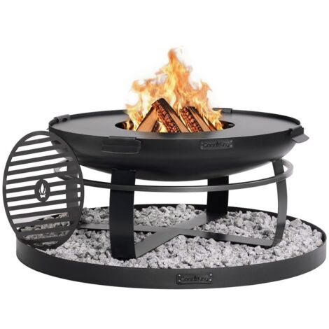 Kit braciere da giardino "VIKING" da 80 cm con piastra griglia da 78 cm con 4 manici, griglia da 37 cm e base decorativa rotonda in pietra da 100 cm