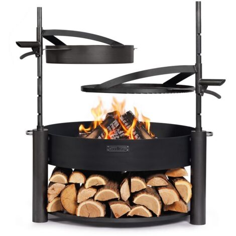 Kit Braciere da giardino multifunzionale "MONTANA X" da 80 cm con griglia da 60 cm, albero aggiuntivo e padella in acciaio naturale da 50 cm