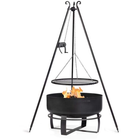Kit Braciere da giardino "VIKING" XXL da 80 cm con griglia a treppiede da 180 cm con verricello e griglia in acciaio naturale da 70 cm