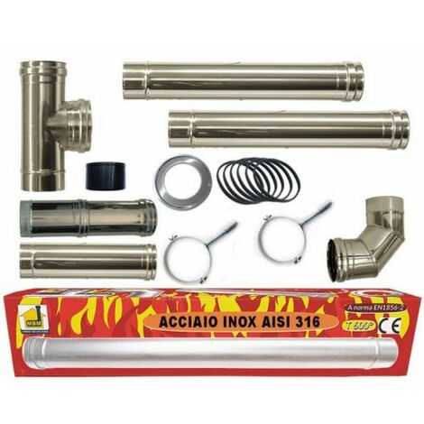 kit INOX tubi canna fumaria stufa pellet dn 80 tubo acciaio 316 regolabile  600 CE Made in Italy UNI 1856-2