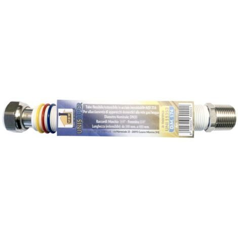 Tubo flessibile estensibile gas acqua inox 1/2'' 100 / 200 mm unisuper UNI 11353 DM 174 bianco