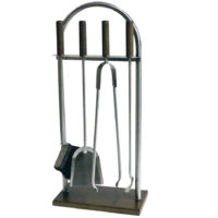 Porta attrezzi camino acciaio inox manico e base legno 4 accessori h. 62 l. 32 x 16 cm. Made in Italy