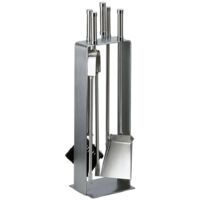 Porta attrezzi camino acciaio inox rettangolare 4 accessori h.66 base 16 x 18 cm. finiture cromo. Made in Italy