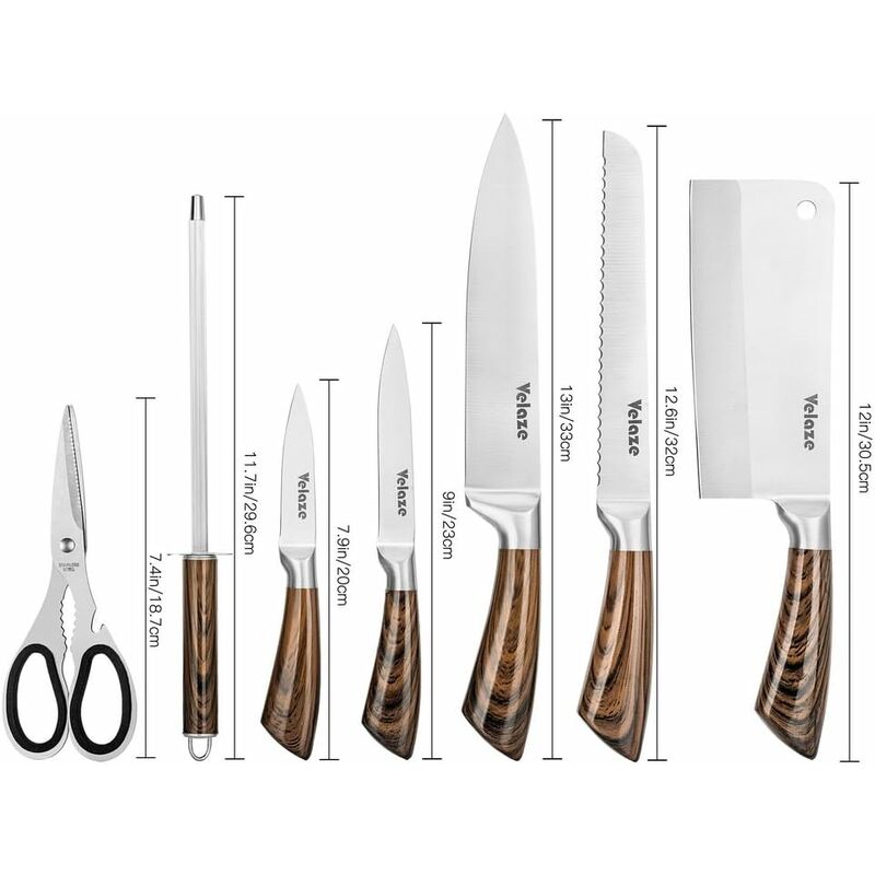 Velaze Set de Couteaux Cuisine, Couteaux en Acier Inoxydable de 8 Pièces,  Bloc Couteaux Professionnels avec Support, Aiguiseur et Ciseau, Couteaux