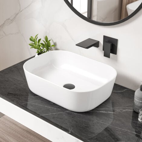 Vasque Poser Lavabo de salle de bain Céramique Rectangulaire Blanc – 46,5 x 32，5 x 13，5cm, ERI-VB-021