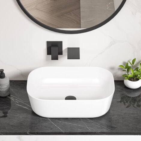 Vasque Poser Lavabo de salle de bain Céramique Rectangulaire Blanc – 46,5 x 32，5 x 13，5cm, ERI-VB-021