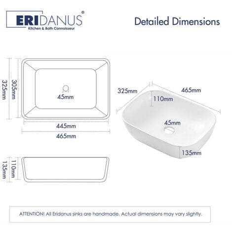 Vasque Poser Lavabo de salle de bain Céramique Rectangulaire Blanc – 46,5 x 32，5 x 13，5cm, ERI-VB-021