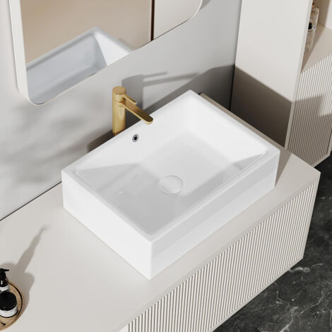 Vasque à poser rectangulaire en céramique blanche 51 x 37 x 15,5 cm – Surface ultra-lisse – Fond incliné pour écoulement rapide – ERIVB073 – Eridanus