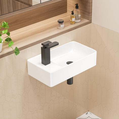 Lavabo rectangulaire en porcelaine vitrifiée blanche à poser ou suspendre – Dimensions 46 x 25 x 12 cm – Pré-percé pour robinet unique – ERIWB101L – Eridanus