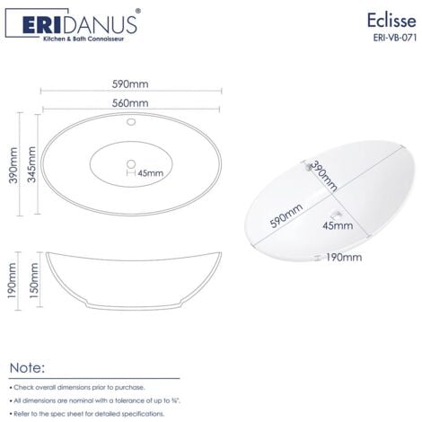 Vasque Poser Lavabo de salle de bain Céramique Ovale Blanc - 59 x 39 x 19cm, ERI-VB-071