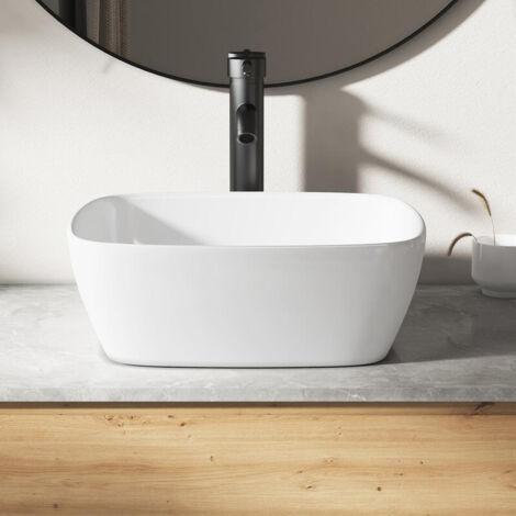 Vasque à poser céramique carrée blanche 40 x 40 x 14 cm – Ouverture de bonde 45 mm – Surface anti-taches – ERIVB036 – Eridanus