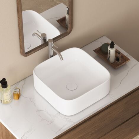 Vasque Poser Lavabo de salle de bain Céramique Rectangulaire Blanc - 39 x 39 x 14cm, ERI-VB-016