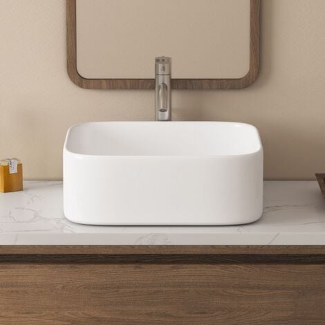 Vasque Poser Lavabo de salle de bain Céramique Rectangulaire Blanc - 39 x 39 x 14cm, ERI-VB-016
