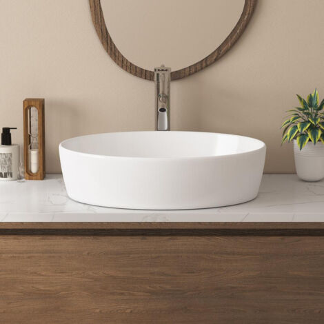 Vasque à poser céramique ovale blanche 55 x 41 x 14cm – Surface ultra-lisse – Écoulement rapide – ERIVB047 – Eridanus