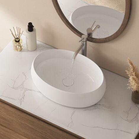 Vasque ¨¤ Poser Lavabo de Salle de Bain Ovale en C¨ramique Blanche - 47 x 33 x 14,5cm,ERI-WB-014