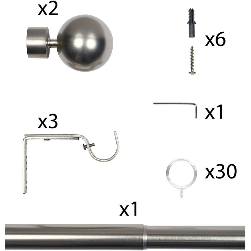 Bastone per tende, asta in metallo estensibile, Sfera Argento, 110 a 200cm