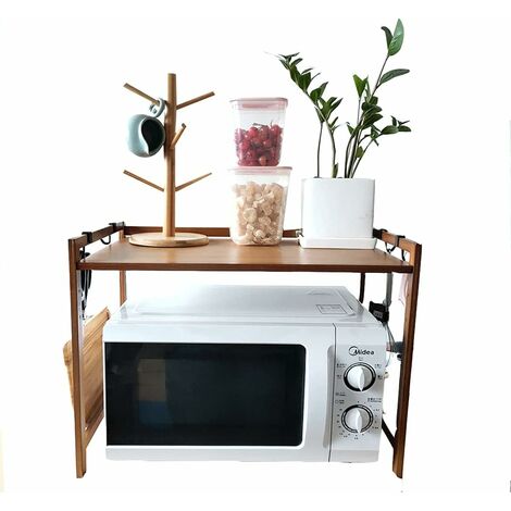 kingrack Étagère de cuisine sur pied avec table en bois support de four à micro-ondes hauteur réglable 6 crochets étagère de rangement utilitaire en métal à 4 étages avec panneau en maille 