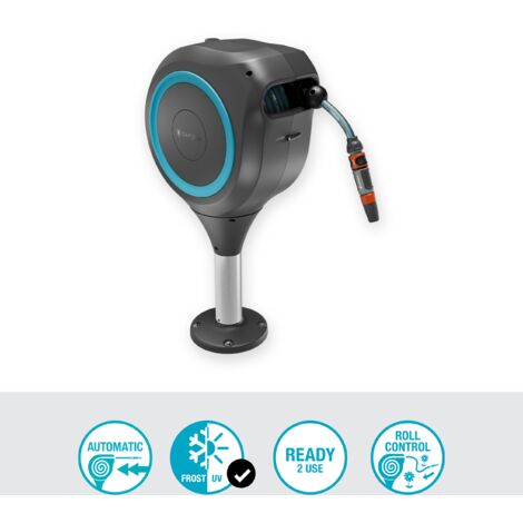 GARDENA Avvolgitubo da terrazzo RollUp S, tubo da 15 m incluso, riavvolgimento automatico, rotazione 360°, azzurro (18605-20)