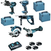 MAKITA Kit DLX5039PTJ (DHP458 + DHR202 + DGA504 + DSS610 + DTD152 + 4 x 5,0 Ah + DC18RD + MAKPAC 3 + 2 x MAKPAC 4)