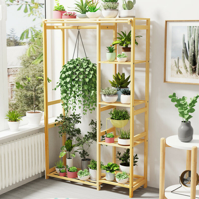 unho Armadio Aperto Appendiabiti Multifunzione Bambu: Stand Appendiabiti Legno Armadio a vista Guardaroba a giorno camera da Letto Grande Appendiabiti da Terra con Ripiani 177x41,5x196cm