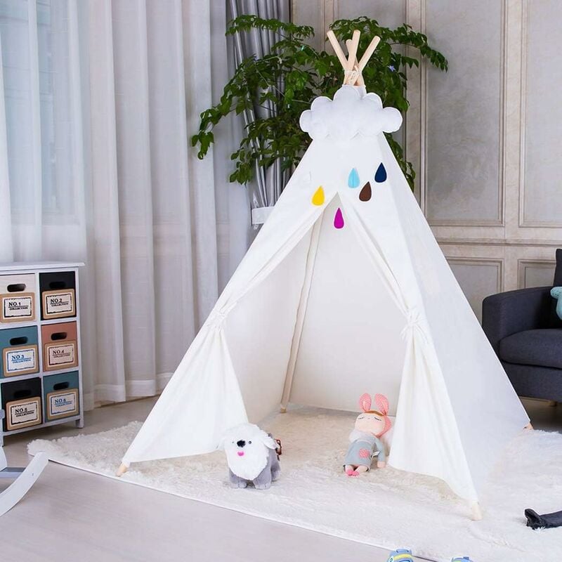 Tenda da Gioco Tenda per Bambini Pieghevole Grande Teepee 120x120x130 cm,  Bianco Play House