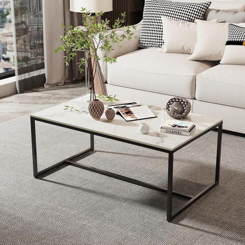LKTART Tavolino Da Caffè Rettangolare Moderno – Piano In Finto Marmo Con Contenitore – Stabile E Facile Da Montare – 100x56x46 Cm