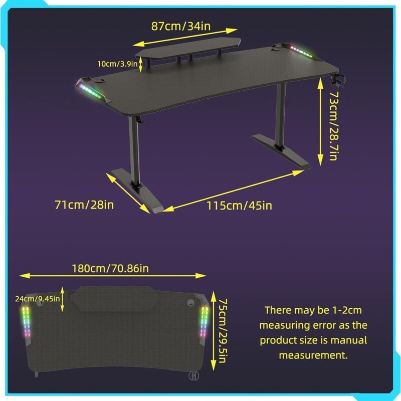 Scrivania da Gaming 180cm Grande con Tappetino Mouse con Supporto PC con  LED RGB Scrivania Tavolo per Studio Stanza